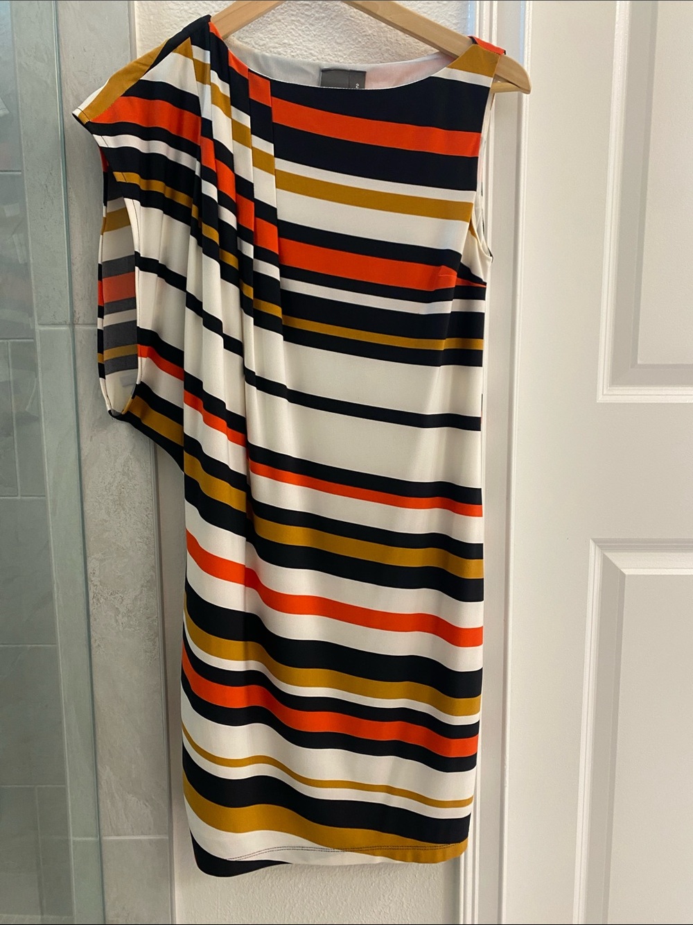 Muse One-Shoulder Striped Dress in White, Black, Orange & Mustard
